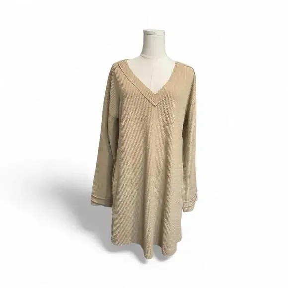 Waffle Knit Sweater Dress with Pockets Small Tan Beige Long Sleeve Cozy Fall - Picture 2 of 3